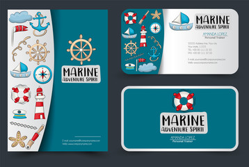 Marine nautical travel corporate identity design set. Flyer and business cards template. Banners for shopping or sale. Vector illustrator.