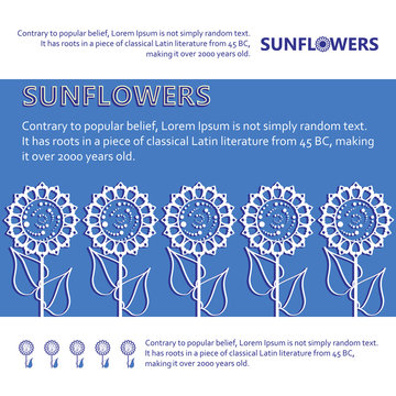 Field of sunflowers on a blue background. Stylized vector images. Openwork sunflowers with space for text. Design for a banner, poster, leaflets, leaflets.