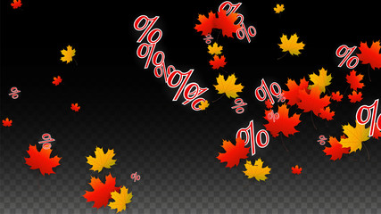 Vector Percentage Sign and Autumn Leaves Confetti on Transparent Background. Percent Sale Background. Business, Economics, Finance Print. Discount Illustration. Promotion poster. Black Friday Banner. 