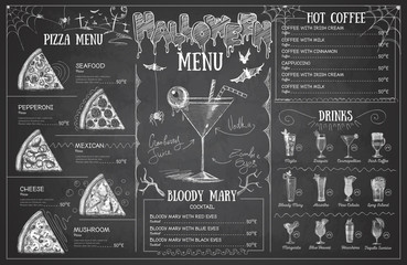 Vintage chalk drawing halloween menu design. Restaurant menu