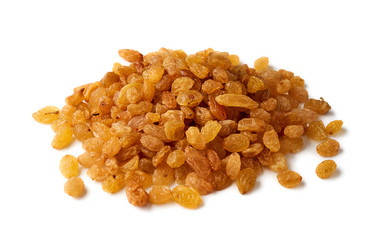 Heap of yellow raisins isolated on white background
