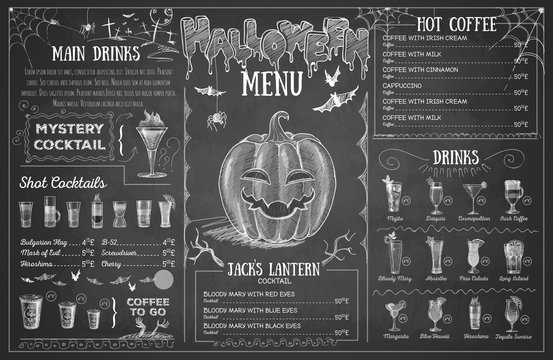 Vintage chalk drawing halloween menu design. Restaurant menu