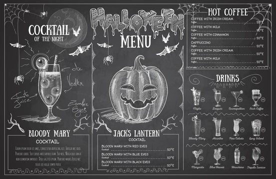 Vintage chalk drawing halloween menu design. Restaurant menu