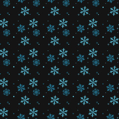 Snowflakes decorated with circles and dots. Vector winter design on black background. Christmas and New Year theme. Happy smiling violet and blue snowflakes seamless pattern. eps10