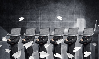 Businessmen with laptops instead of head.