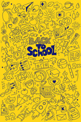 Hand drawn back to school doodles and sketch style lettering on vertical yellow background. Vector illustration. For banners, posters, flyers. A lot of education icons, study symbols