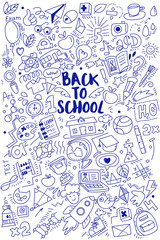 Hand drawn with pen ink back to school doodles and sketch style lettering on vertical background. Vector illustration. For banners, posters, flyers. A lot of education icons, study symbols