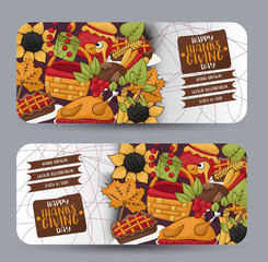 Thanksgiving horizontal banner set with round corners. Happy holiday background. Turkey day sale design. Vector illustration.