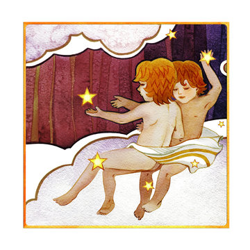 Astrological sign of the zodiac Gemini - two boys, on a dark  pattern background