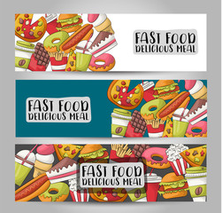 Fast food horizontal banner set concept. Restaurant advertisement template. Vector illustration.