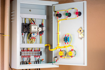 Electrical terminal box. Control panel with magnetic contactor and overload relay. Checking...