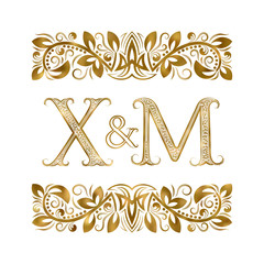 X and M initials vintage logo. The letters surrounded by ornamental elements. Wedding or business partners monogram in royal style.