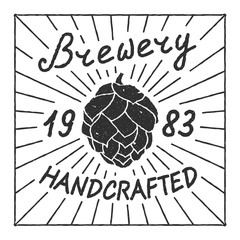 Vintage monochrome brewery logotype concept with inscriptions, hop cones and sunbursts isolated vector illustration