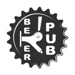 Vintage beer pub emblem with tap on cap isolated vector illustration