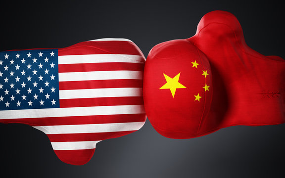 American and Chinese flag textured boxing gloves on black. 3D illustration