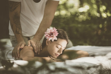 Obraz na płótnie Canvas Image of woman at massage treatment . Spa time.