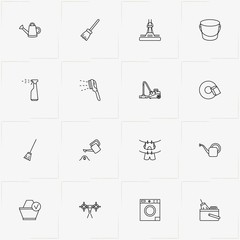 Cleaning line icon set with clothes hanging rope , faucet and broom