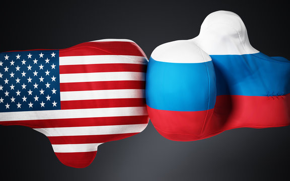 American and Russian flag textured boxing gloves on black. 3D illustration
