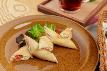Russian pancakes healthy breakfast dish close up