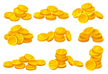 Heaps of shiny golden coins. Money or financial theme. Elements for mobile game, promo poster or banking website. Flat vector set