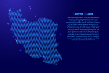 Iran map country abstract silhouette from wavy blue space sinusoid lines and glowing stars. Contour state of creative luminescence curve. Vector illustration.