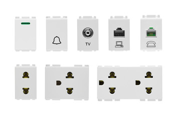 Variety of wall plug sockets and switch without plate isolated on white background.