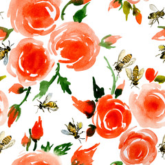 Delicate, small, fragrant, vintage roses and honey, rustic, wild bees. Watercolor. Illustration