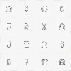 Clothes line icon set with socks, swimsuit  and skirt