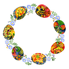 Easter, festive, religious, decorative wreath. Painted Easter eggs, floral ornament. Watercolor. Illustration