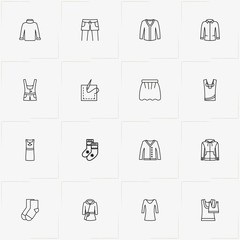 Clothes line icon set with lady shirt , sewing  needle and overalls