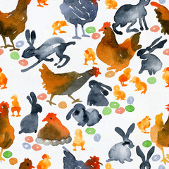 A country bird is a chicken and small, nimble chickens. Thick, well-fed rabbits and wild, forest hares. Easter, colored eggs. Watercolor. Illustration