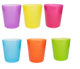 Multicolor plastic cups on white background isolated. Modern cup design