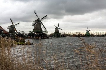 Naklejka premium Windmills in the village Zaanse Schans on a cloudy autumn day, The Netherlands