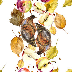 Autumn, rotten, fallen, seasonal leaves from trees. Wet, wet, large snail. Delicious, ripe, fragrant, useful apples. Watercolor. Illustration