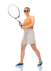 Obraz na płótnie Canvas sport, leisure and people concept - smiling teenage girl with racket playing tennis over white background