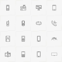 Communications line icon set with phone book , badge and mobile phone