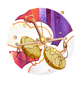 Astrological sign of the zodiac Libra watercolor in retro style, on a round  pattern background