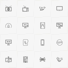 Communications line icon set with file receive, badge and partnership