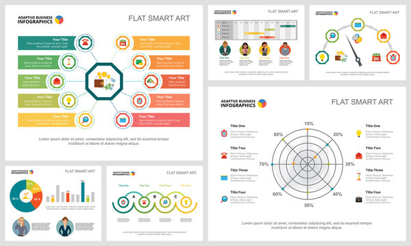 Colorful accounting or statistics concept infographic charts set. Business design elements for presentation slide templates. For corporate report, advertising, leaflet layout and poster design.