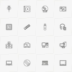 Computer line icon set with printer, computer cord and music player