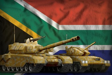 South Africa tank forces concept on the national flag background. 3d Illustration © Dancing Man