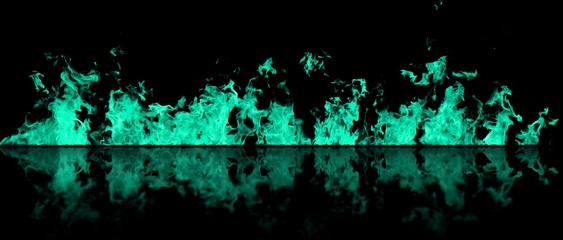 Real line of fire flames with reflection isolated on black background. Mockup on black of wall of fire. © Dancing Man