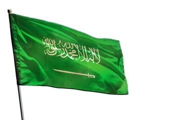 Fluttering Saudi Arabia flag on clear white background isolated.