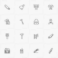 Construction line icon set with tools box , cutter and saw