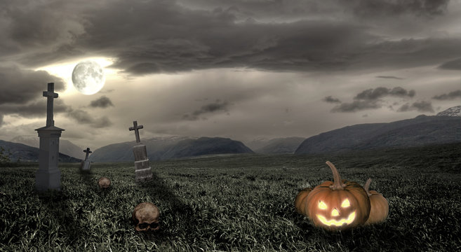 Spooky Halloween graveyard with pumpkin and moon
