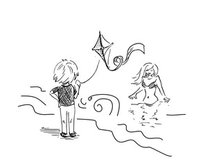 Vliegeren aan het strand meisje in zee