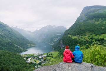 Fototapeta na wymiar View of the tourist village Geiranger, Norway