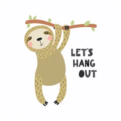 Photo sur Plexiglas Illustration Hand drawn vector illustration of a cute funny sloth hanging from the branch, with quote Let's hang out. Isolated objects on white background. Scandinavian style flat design. Concept for kids print.