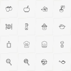 Fototapeta na wymiar Cooking line icon set with cutting board , mixer and vegetables in saucepan