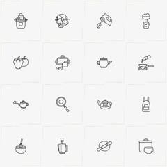 Cooking line icon set with frying pan , apron and tea pot